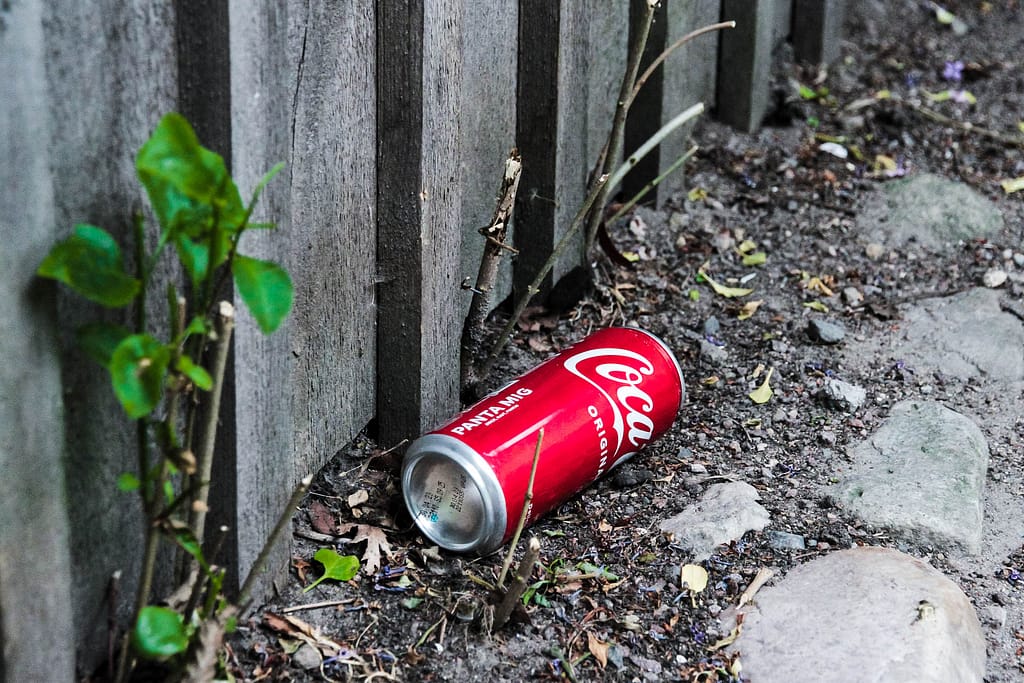 Coca-Cola-burk liggandes vid ett plank vid en stengata
